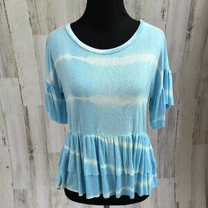 Simply Southern Women's Size Small Peplum Knit Top Blue Tie Dye Ruffle Sleeve